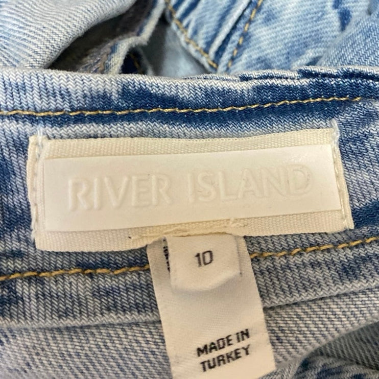 River Island Blue Sleeveless Ruffle Ruched Cut Out Denim Jeans Crop Top Size 6