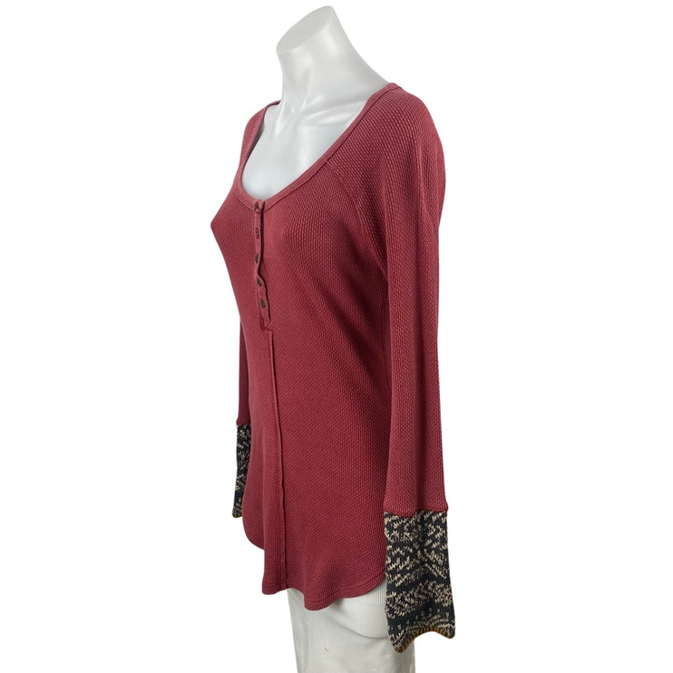 Free People Alpine Cuff Red Long Sleeve Henley Waffle Knit Thermal Sweater Top M