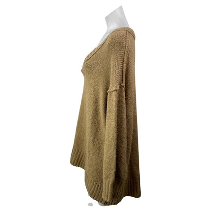 Free People Brookside Beige Tan Deep V Neck Long Sleeve Tunic Sweater Top Size M