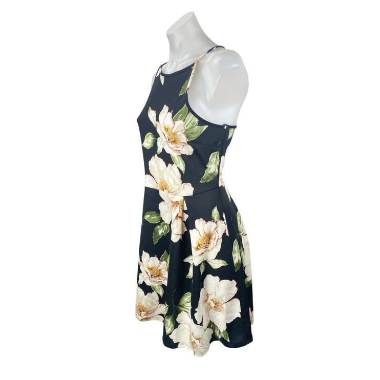 Monteau Black Floral Sleeveless High Neck Cami Fit & Flare Mini Dress Size L