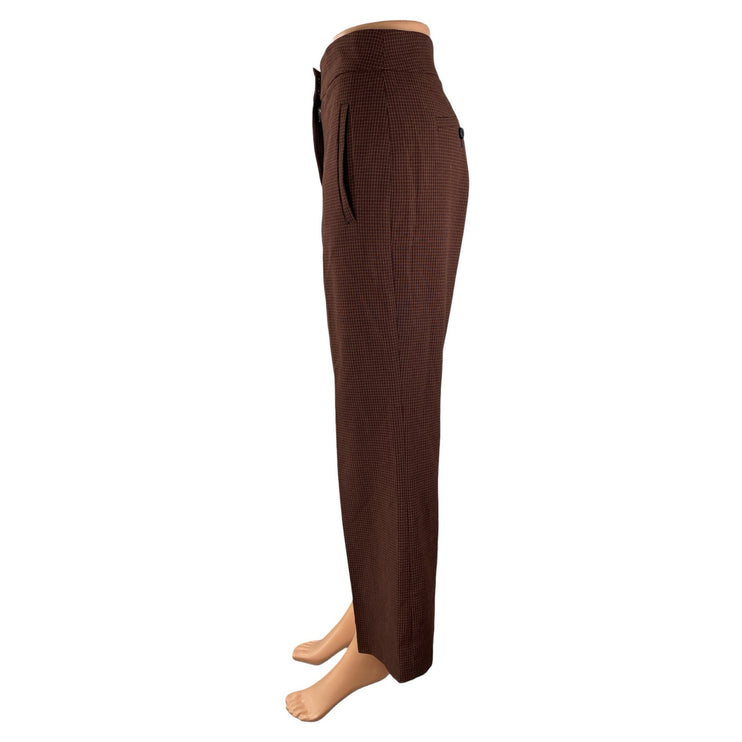 Little Moon Women's Brown Grid Plaid Check Flare Wide Leg Trousers Dress Pants 2