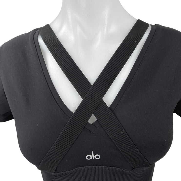 Alo Yoga Black Overlay Elastic Strap Crisscross Revolve Athletic Crop Top Size M