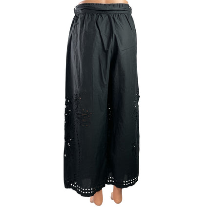 Moutaki Black Eyelet Embroidered Belted High Waist Wide Leg Trousers Pants Sz S
