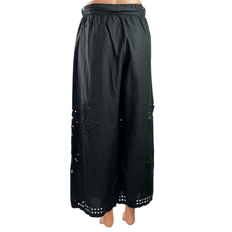 Moutaki Black Eyelet Embroidered Belted High Waist Wide Leg Trousers Pants Sz S