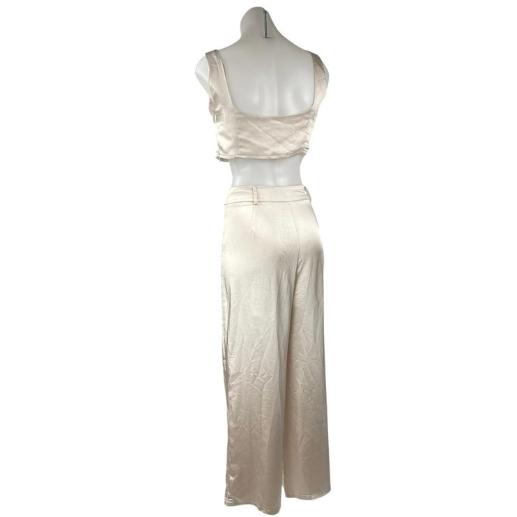 Princess Polly Cream Silky Satin Crop Top & WideLeg Trousers Matching Set Size 8