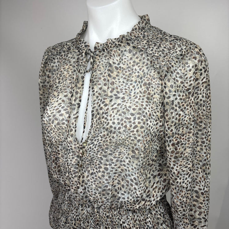 Zara Brown Tan Leopard Animal Print Front Keyhole Ruffle Tiered Mini Dress Sz XS