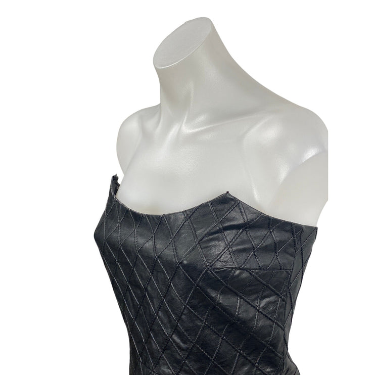 Amanda Uprichard Keisha Black Faux Leather Argyle Strapless Mini Bodycon Dress S