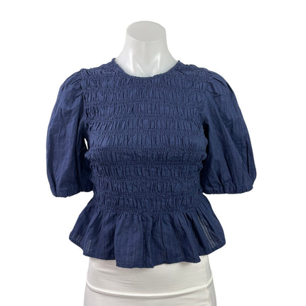 Old Navy Women's Navy Blue Short Puff Sleeve Smocked Peplum Blouse Top Size XS