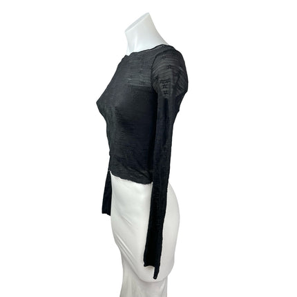 See You Monday Black Long Sleeve Floral Embroidered Mesh Cropped Blouse Top XS