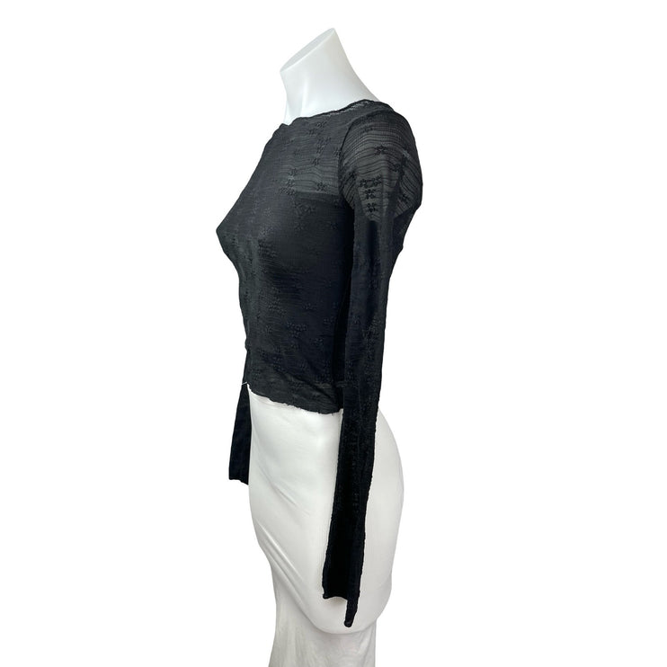 See You Monday Black Long Sleeve Floral Embroidered Mesh Cropped Blouse Top XS