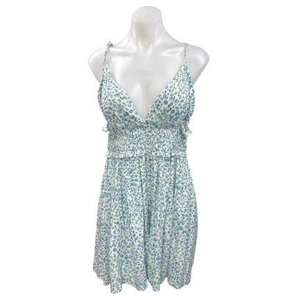 Zara Blue Linen Floral Sleeveless Smocked Mini Cami Camisole Tank Dress Size M