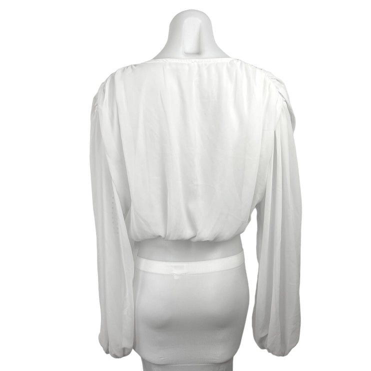 Missguided White Deep V-Neck Faux Wrap Balloon Sleeve Blouseon Crop Top Size 4