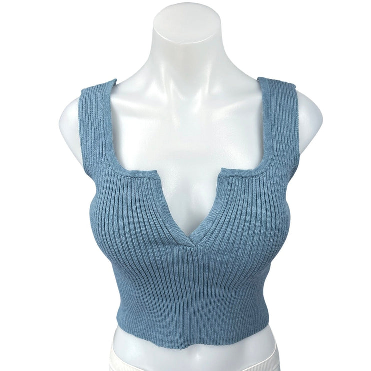 Cotton Candy Blue Sleeveless Ribbed Knit Split Neck Crop Sweater Tank Top Size M