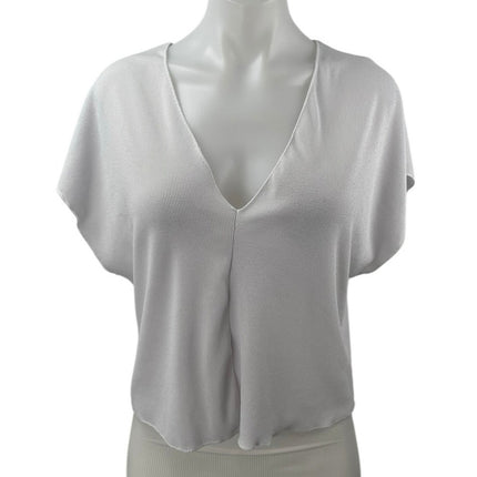 Zara Women's White Short Drop Sleeve Deep V Neck Boxy Knit T Shirt Tee Top Sz M