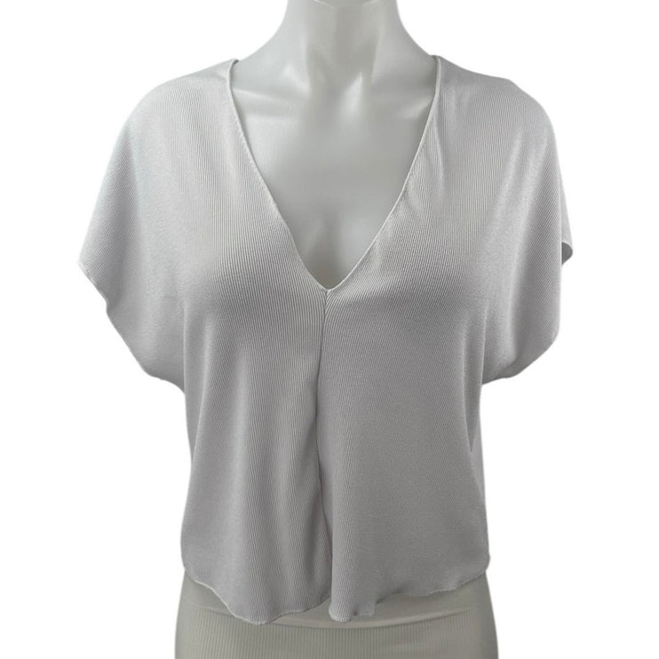 Zara Women's White Short Drop Sleeve Deep V Neck Boxy Knit T Shirt Tee Top Sz M