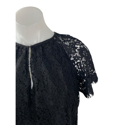 J.Crew Women's Black Floral Lace Keyhole Round Neck Short Sleeve Blouse Top Sz S