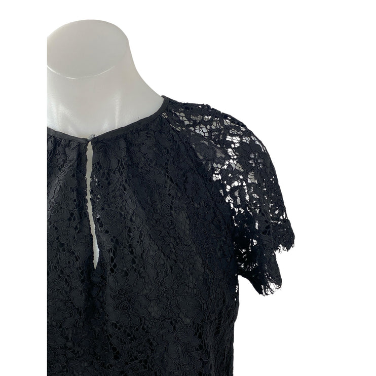 J.Crew Women's Black Floral Lace Keyhole Round Neck Short Sleeve Blouse Top Sz S