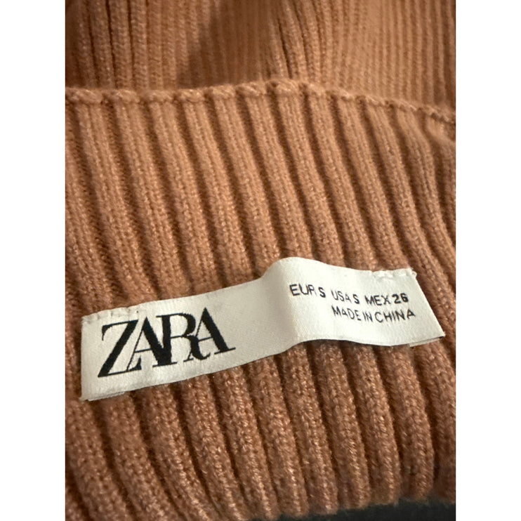 Zara Womens Brown Ribbed Knit Turtle Neck Sleeveless Casual Slim Crop Tank Top S