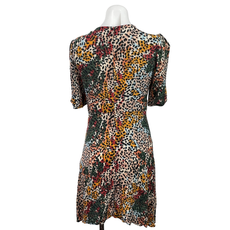 Pull & Bear Multicolor Leopard Animal Print Puff Sleeve Mini Shirt Dress Size M
