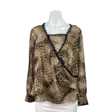 Emma James Brown Leopard Animal Print Lace Trim Long Sleeve Blouse Top Size 14