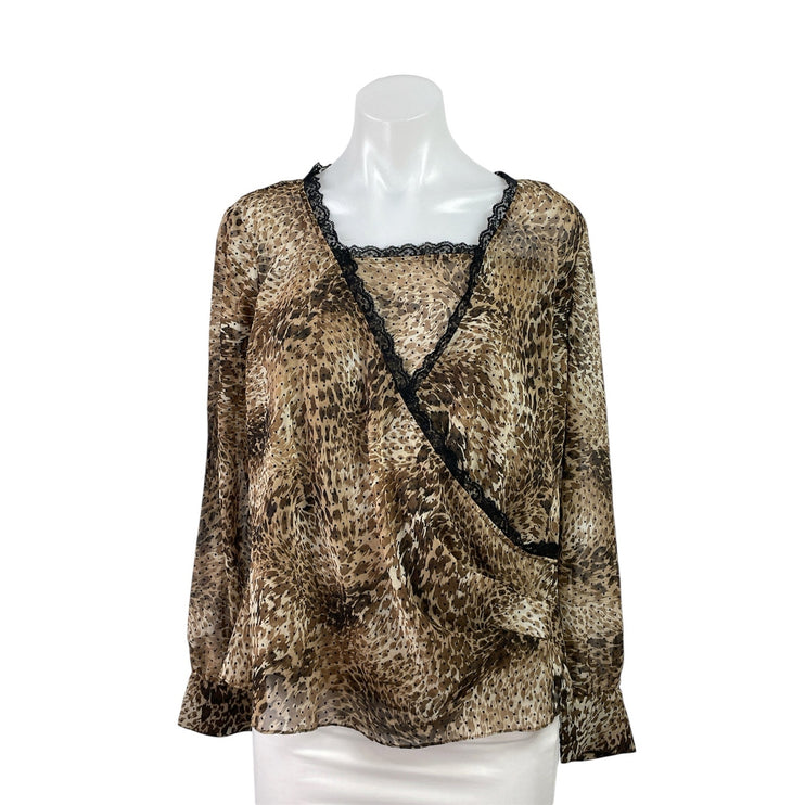 Emma James Brown Leopard Animal Print Lace Trim Long Sleeve Blouse Top Size 14