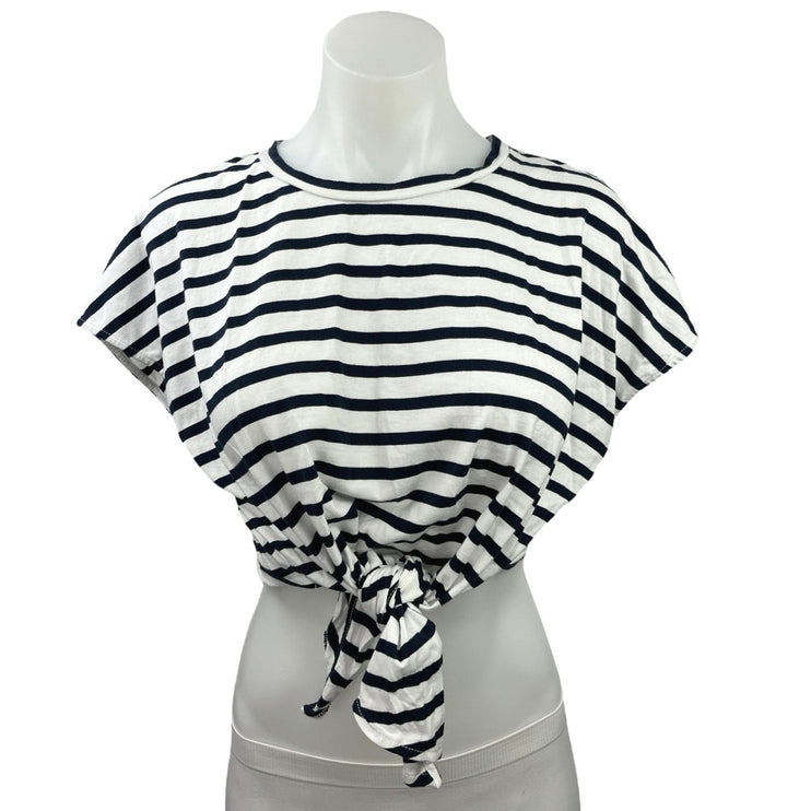 Zara Blue White Striped Print Crewneck Bow Tie Casual Crop T-Shirt Top Tee Sz M