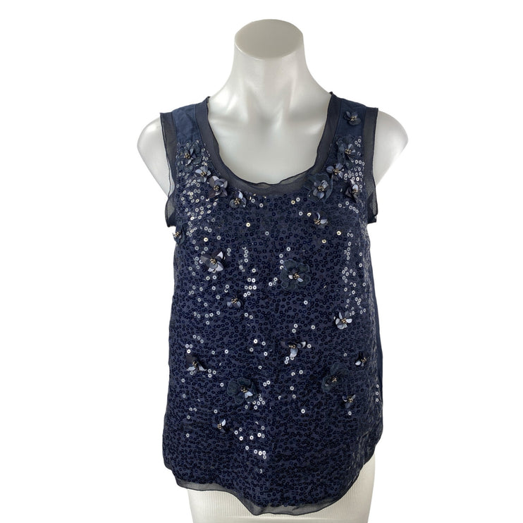 O'2nd Women's Navy Blue Floral Sequin Scoop Neck Sleeveless Tank Blouse Top Sz 1