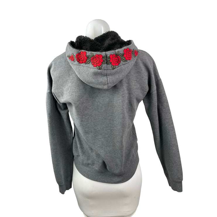 Madame Women's Gray Rose Floral Embroidery Long Sleeve Sweater Hoodie Jacket M