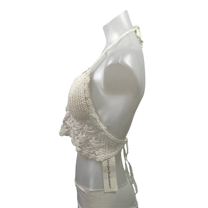 NEW Sergio Modamare White Crochet Knit Halter Tie Open Back Boho Crop Top Size S