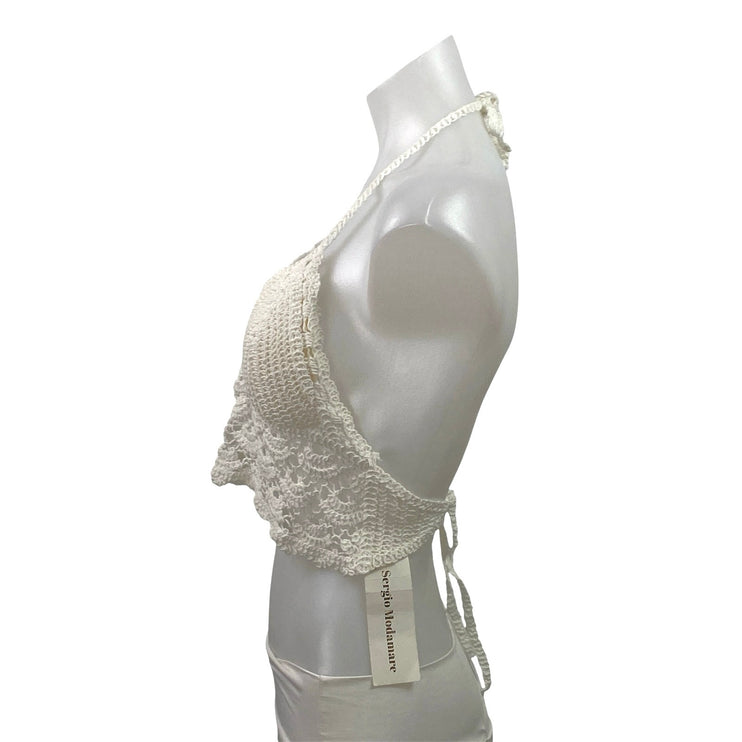 NEW Sergio Modamare White Crochet Knit Halter Tie Open Back Boho Crop Top Size S