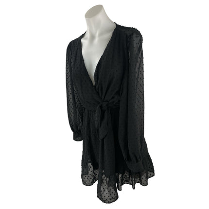 Zara Women's Black Swiss Dot Sheer V Neck Long Sleeve Mini A-Line Wrap Dress S