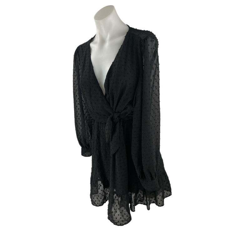 Zara Women's Black Swiss Dot Sheer V Neck Long Sleeve Mini A-Line Wrap Dress S