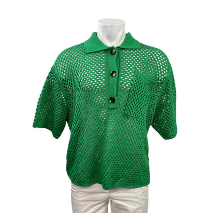 Zara Women's Green Open Knit Crochet Short Sleeve Collared Polo Shirt Top Sz XL