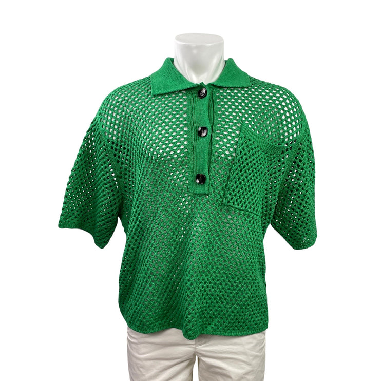 Zara Women's Green Open Knit Crochet Short Sleeve Collared Polo Shirt Top Sz XL