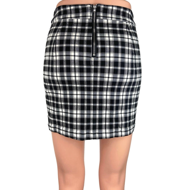 Garage Black White Retro Plaid Flannel Pencil Straight Back Zip Mini Skirt Sz S