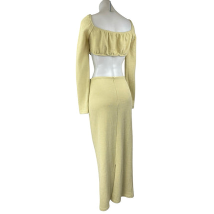 Sabo Yellow Waffle Knit Long Sleeve Crop Top Pencil Midi Skirt 2 Pc Set Size 6