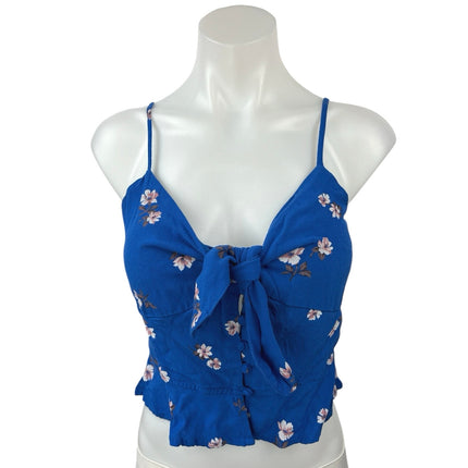 American Eagle Blue Floral Bow Tie Button Spaghetti Peplum Cami Crop Tank Top M