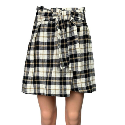 Zara NWT Black White Plaid Paperbag Tie Belt Preppy Checkered Wrap Mini Skirt XS