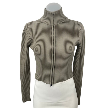 Edikted Olive Green Turtleneck Ribbed Knit Long Sleeve Zip Up Crop Sweater Sz M