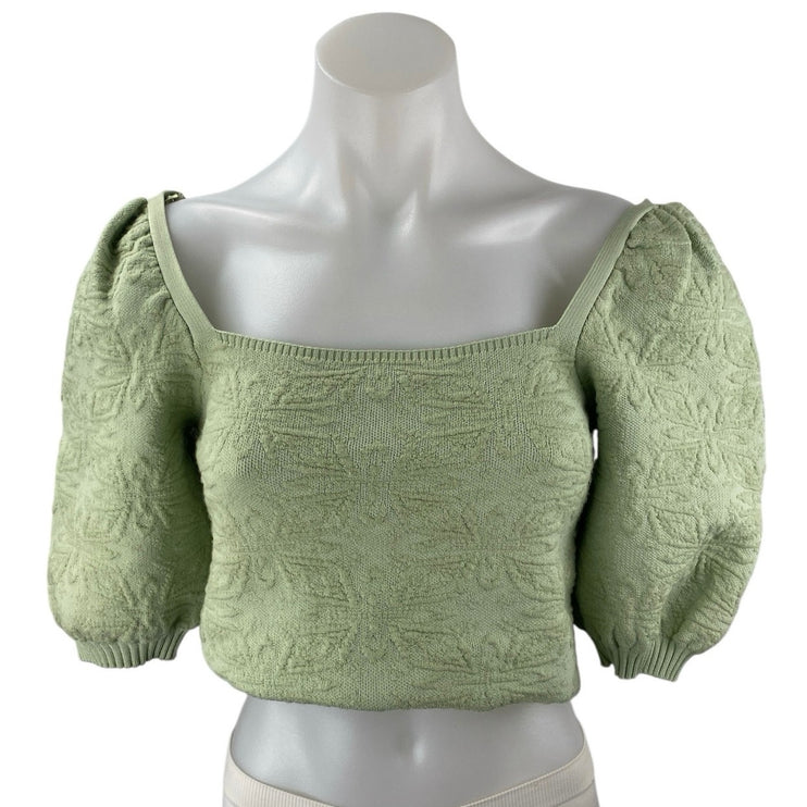 ZARA Light Green Jacquard Knit Short Puff Sleeve Square Neck Crop Blouse Top S