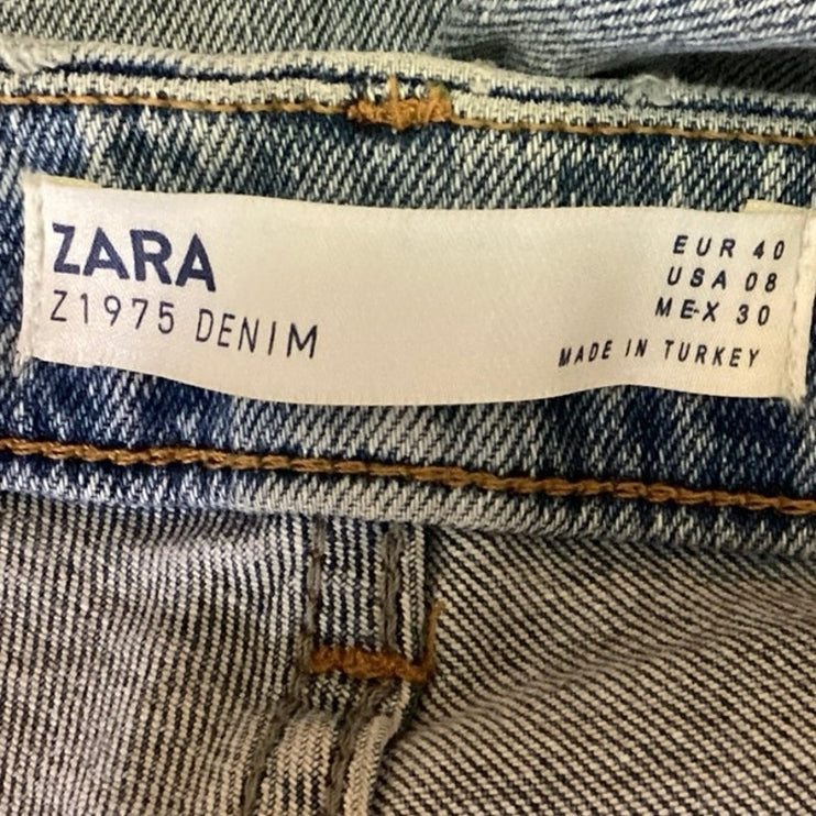 Zara Blue Z1975 Denim Low Rise Light Wash Distressed Straight Leg Jeans Size 8