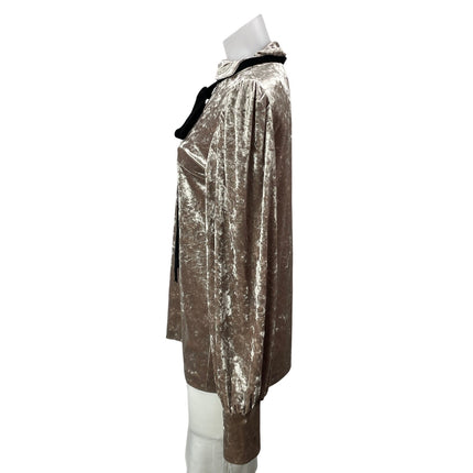 Leha Women Beige Velvet Velour Long Sleeve Tie Bow Mock Neck Blouse Top Size M