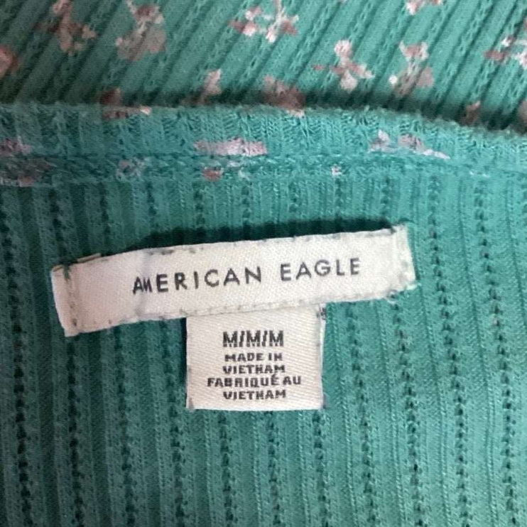 American Eagle Green Floral Print Crewneck Short Sleeve Ribbed Knit Crop Top M