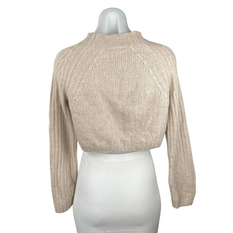 Monki Women's Beige Tan Ribbed Wool Mock Neck Long Sleeve Crop Sweater Top Sz S