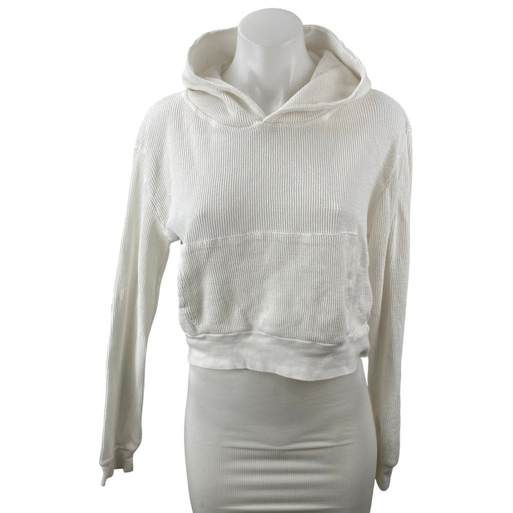 Brandy Melville Womens White Crop Hoodie Hooded Waffle Knit Thermal Sweatshirt S
