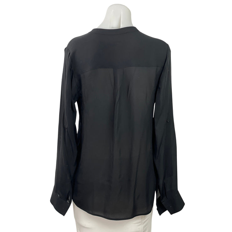 Vince Women's Black Silk Long Sleeve V Neck Semi Sheer High Low Blouse Top Sz 4