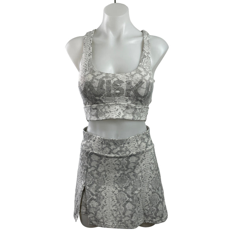 Wiskii Women's Gray Sleeveless Rhinestone Logo Crop Top & Mini Skirt Set Size S
