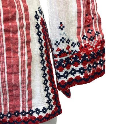 Tory Burch Red White Striped Embroidered Long Sleeve Tunic Blouse Top Size S