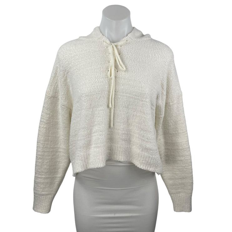 Forever 21 Women's White Ivory Fleece Lace Up Long Sleeve Hoodie Sweater Top S
