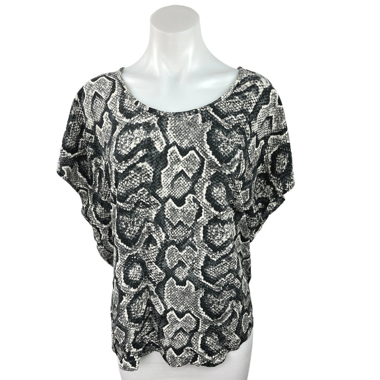 Joie Gray Snake Skin Print 100% Silk Round Neck Short Sleeve Blouse Top Size XS